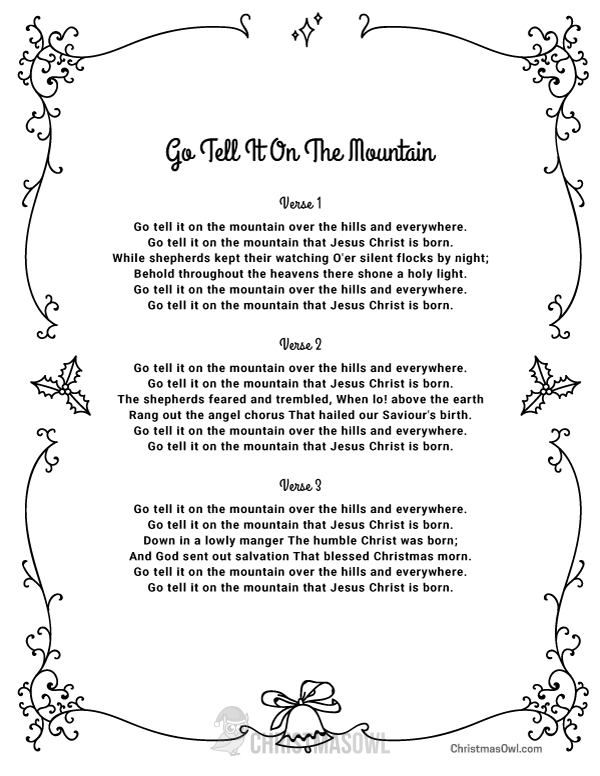 Free Printable Lyrics for Go Tell It on the Mountain