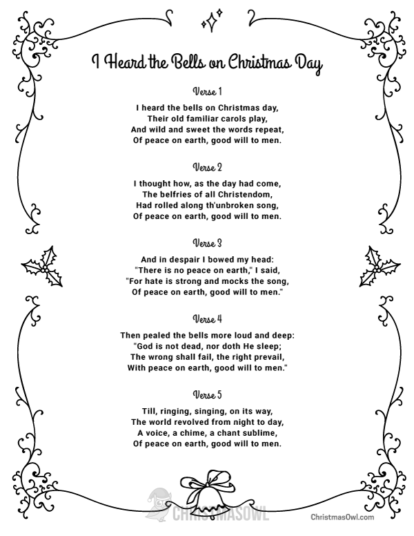 Free Printable Lyrics for I Heard the Bells on Christmas Day