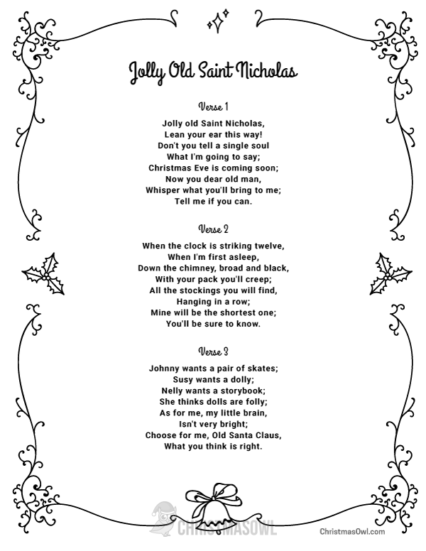 Free Printable Lyrics for Jolly Old Saint Nicholas