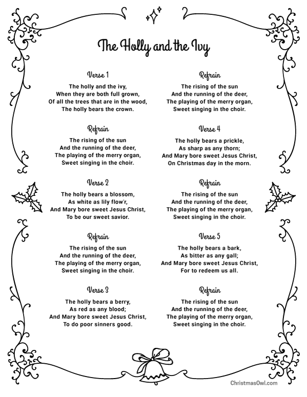 Free Printable Lyrics for The Holly and the Ivy
