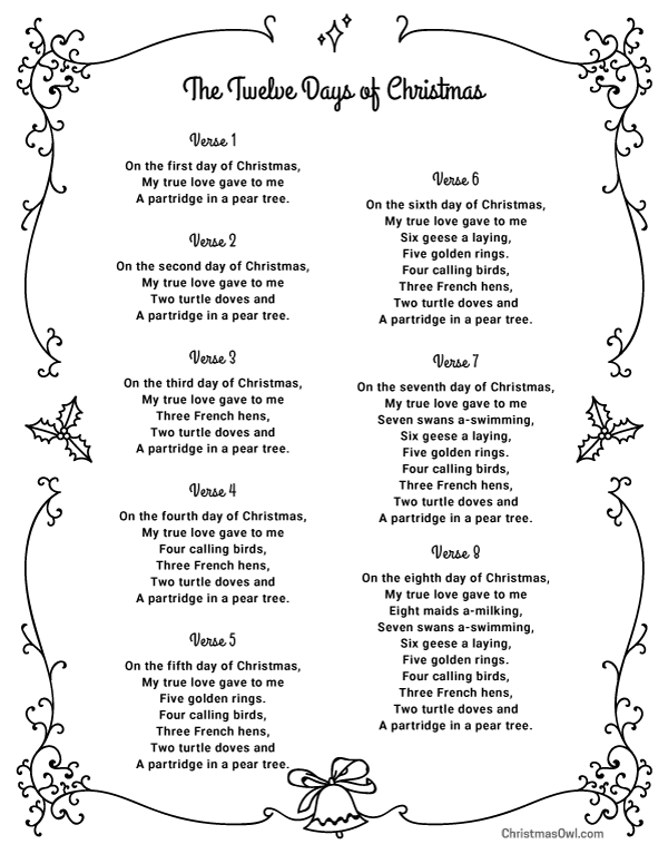 Free Printable Lyrics for The Twelve Days of Christmas