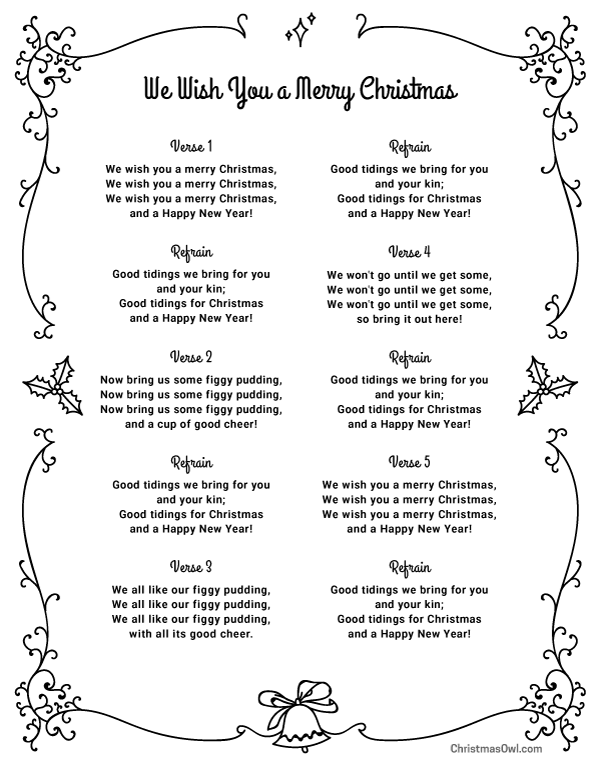 Free Printable Lyrics for We Wish You a Merry Christmas.