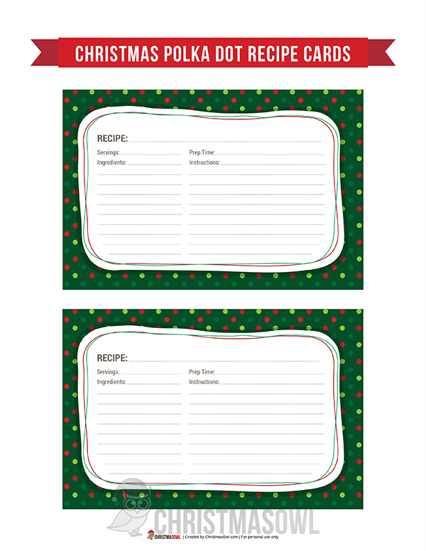 Printable Christmas Polka Dot Recipe Cards